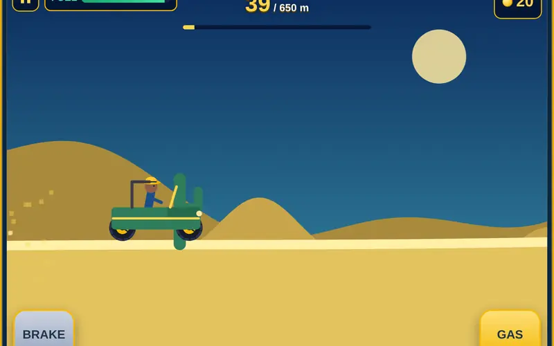 Road to Aurelia gameplay: a green car driving over sandy desert hills with gas and brake pedals
