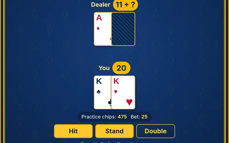 21 Blackjack gameplay: player and dealer hands dealt with Hit, Stand and Double buttons