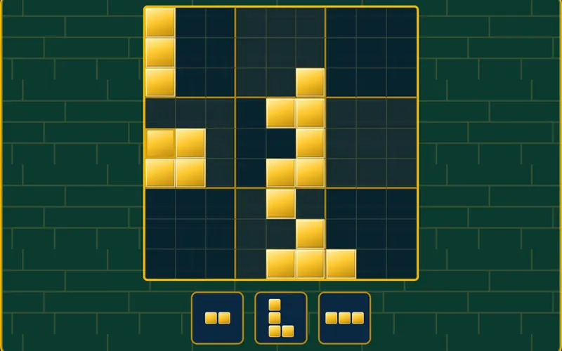 Block Puzzle gameplay: gold blocks placed on the 9 by 9 board with pieces in the tray