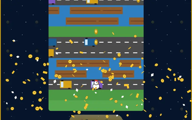 Chicken Crossing gameplay: the chicken hopping across busy roads and rivers