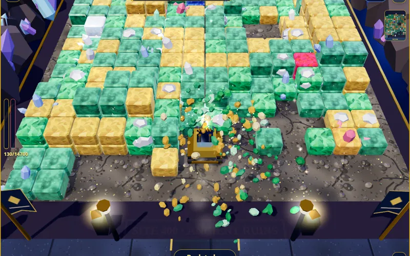 Gold Rush Depths gameplay: a gold drilling rig grinding through glowing gem-veined rock blocks in 3D
