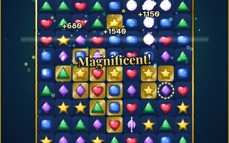 Jewel Royale board of shining heart, star and diamond jewels in a gold frame