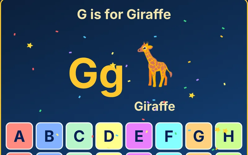 ABC Letters game showing a big G is for Giraffe with sparkles above the colorful letter keys