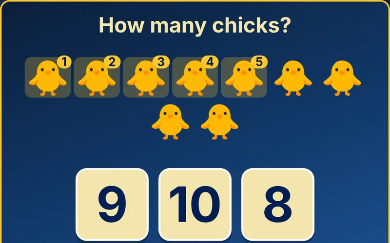 Counting Chicks game with five chicks counted and number choices 9, 10 and 8