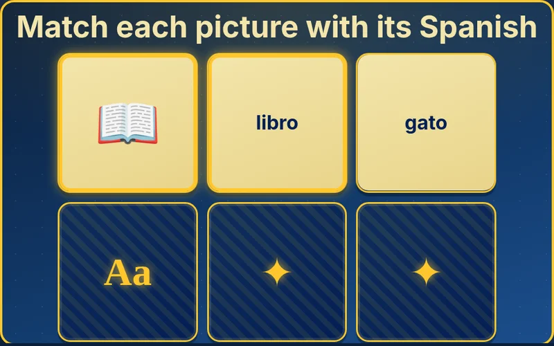 Word Pairs memory game matching pictures with Spanish words