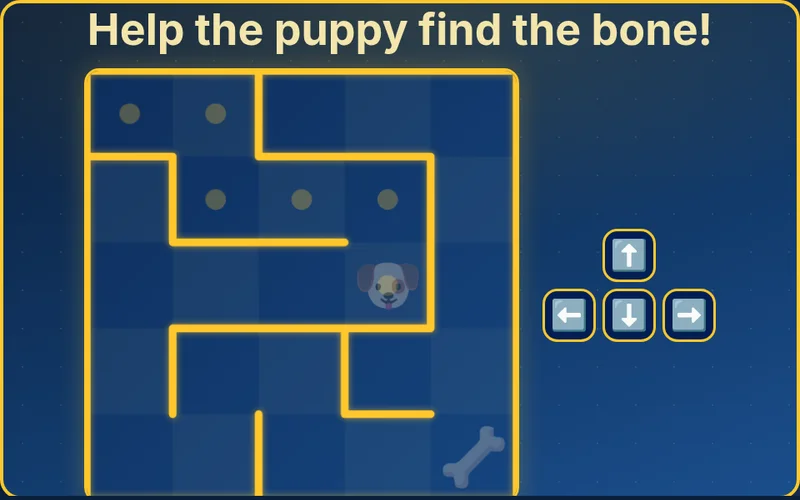 Puppy Path maze with gold walls and a trail of dots to the treat