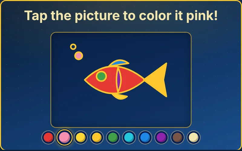 Magic Coloring game with a fish colored red, gold, blue and pink