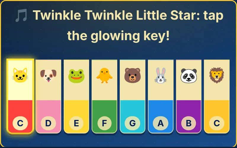 Little Piano with eight colorful animal keys and the next note glowing