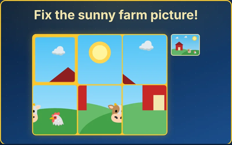 Picture Pieces puzzle with a farm picture split into swapped pieces