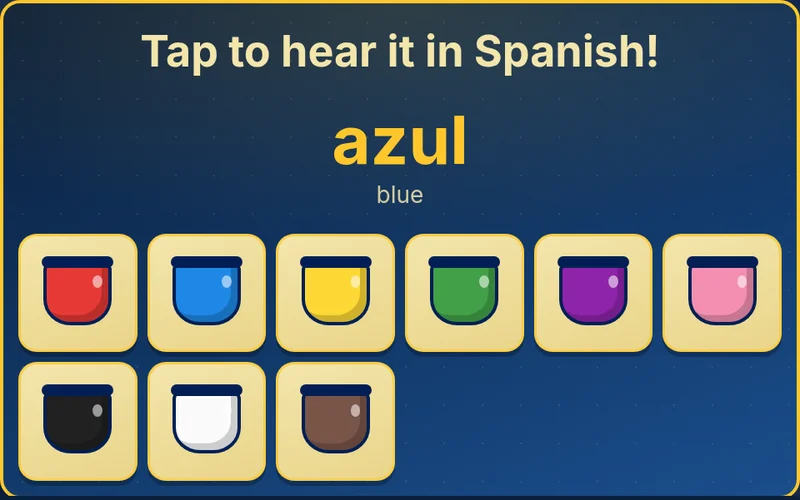 Rainbow Words game showing the Spanish word for a color above paint pots