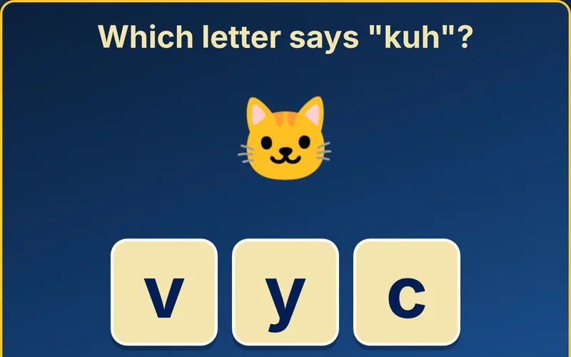 First Reading game asking which letter says kuh, with a cat and letter cards v, y and c