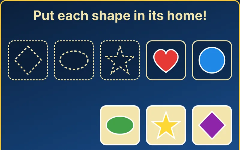 Shape Sort game with a heart and circle already placed in their homes and three shapes left to sort