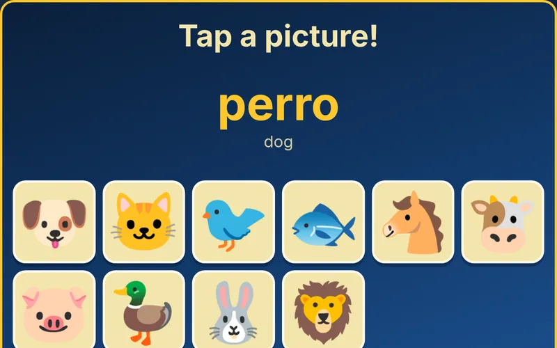 Little Linguists game showing the Spanish word perro for dog above animal picture cards