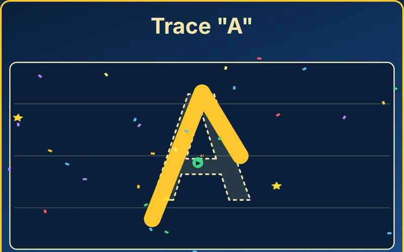 Letter Tracing game with a gold traced letter A and confetti sparkles