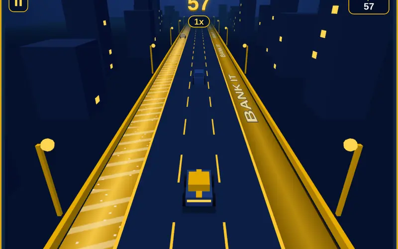 Gold Lane Getaway gameplay: a car racing down a glowing gold highway at night