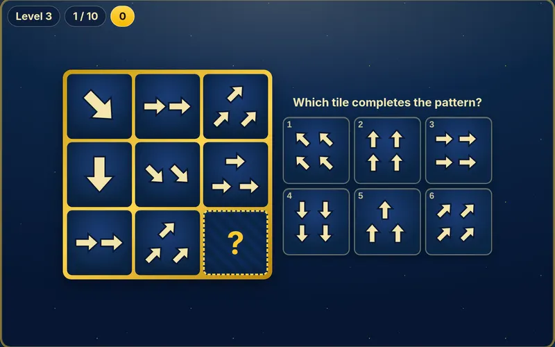 Golden Matrix gameplay: a gold 3 by 3 grid of shapes with six answer tiles