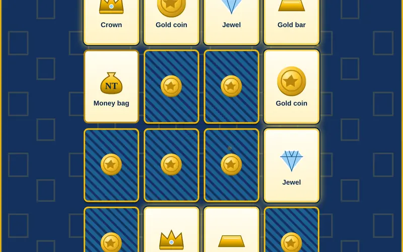 Memory Match gameplay: matched pairs of crowns, coins and jewels turned face up