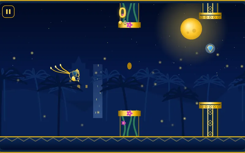 Paradise Flight gameplay: a golden bird flapping between jungle temple pillars under a glowing moon