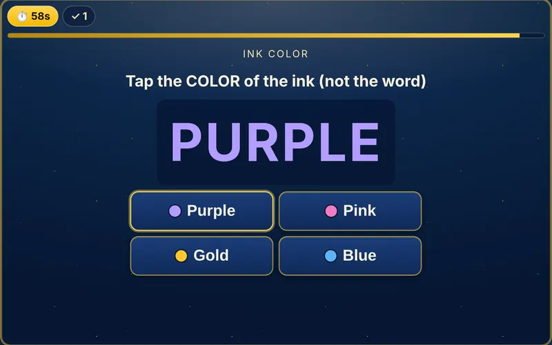 Quick Wit Sixty gameplay: an ink color challenge with big answer buttons