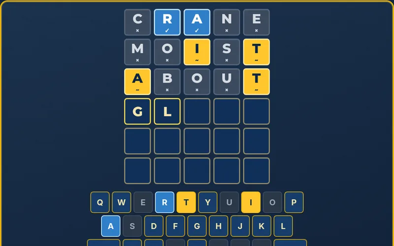 Daily Word gameplay: two guesses entered with colored letter hints and the on-screen keyboard