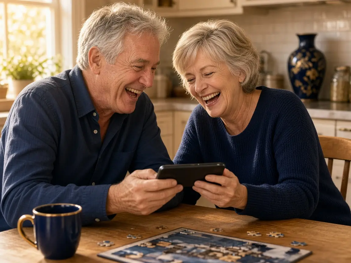 An older couple laughing together while playing a game on a phone at the kitchen table