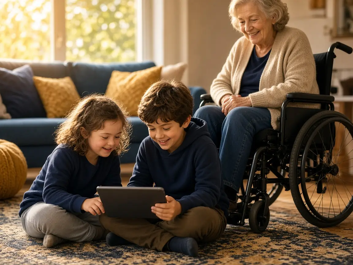 Two children learning letters on a tablet on the rug while their grandmother watches from her wheelchair