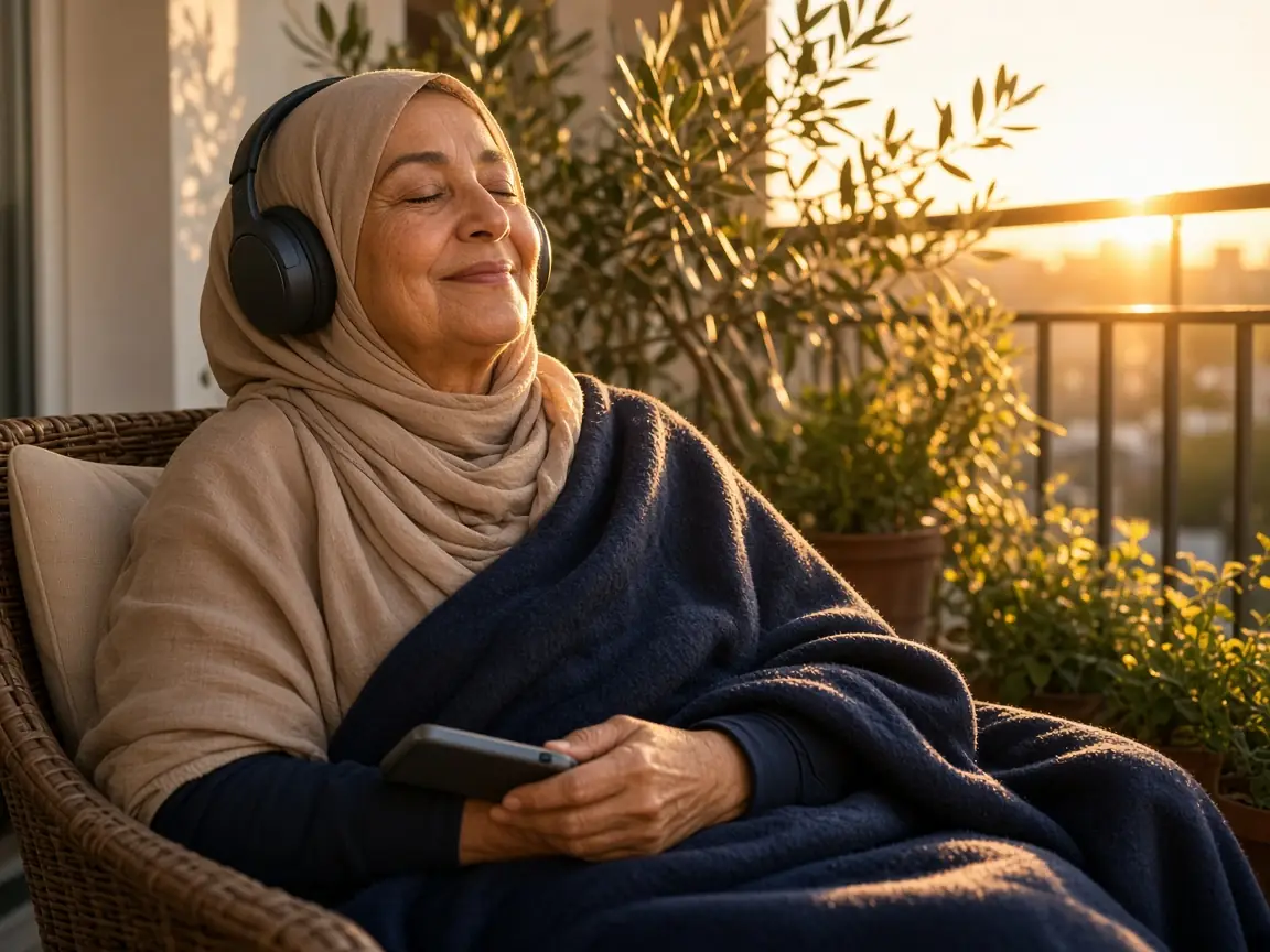 An older woman relaxing on her balcony at sunset with headphones and her phone