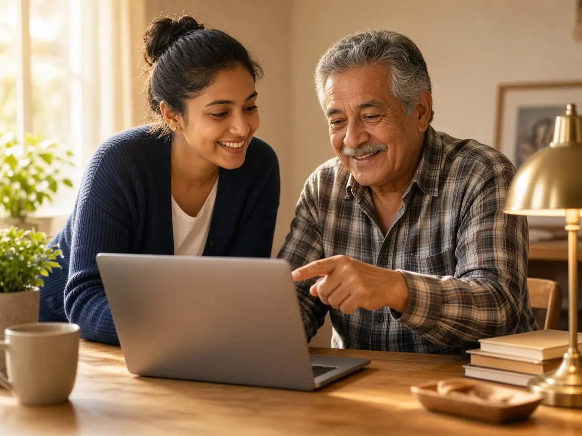 A young woman patiently helping an older man with his laptop at home