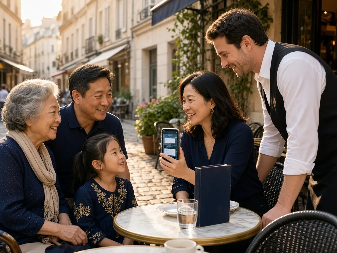 A family of three generations at a cafe abroad, using a phone translator to talk with a smiling waiter