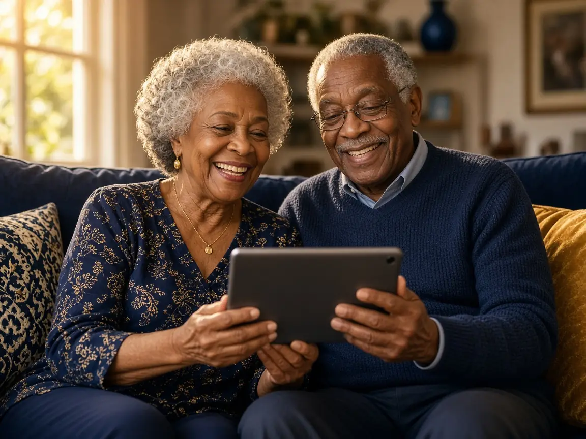 Grandparents smiling on their sofa as they video-call their grandchildren on a tablet
